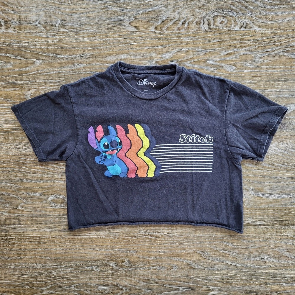 Disney Stitch Rainbow Graphic Crop Top Shirt Black Small Retro Raw Hem Lilo